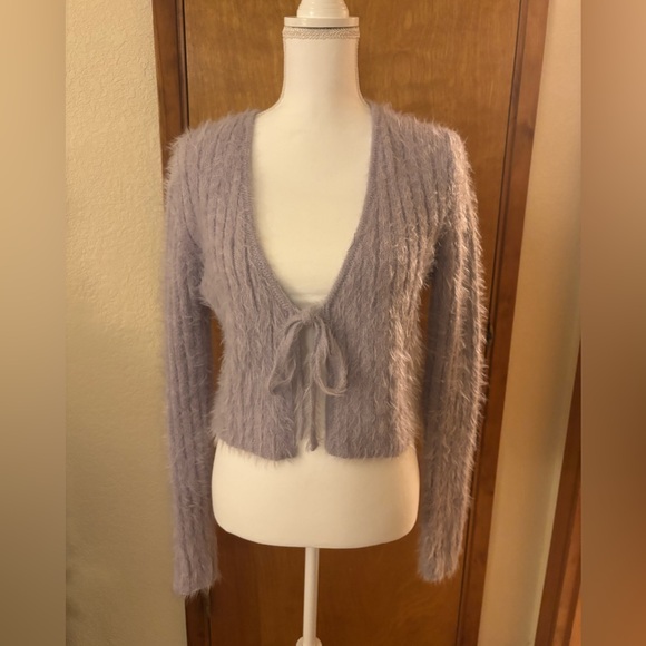 Garage Sweaters - Garage Lilac Fuzzy Cropped Front Tie Cardigan